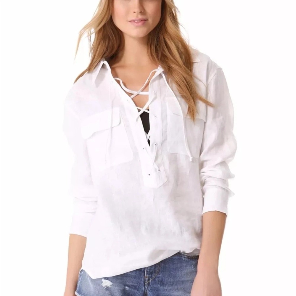 Equipment Femme Knox white Linen Lace Up Shirt tunic popover M beach minimalist